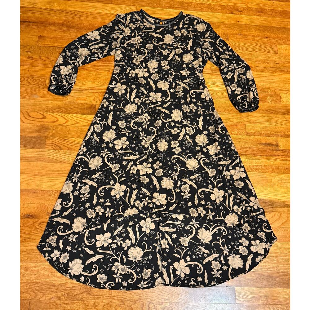 Who What Wear Women Large Black Beige floral Print Long Sleeve Dress Office Work